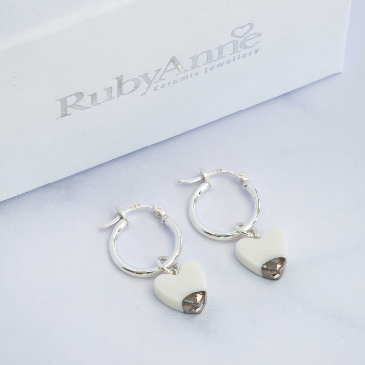 Chunky Silver Hoops, White Hearts, Interchangeable