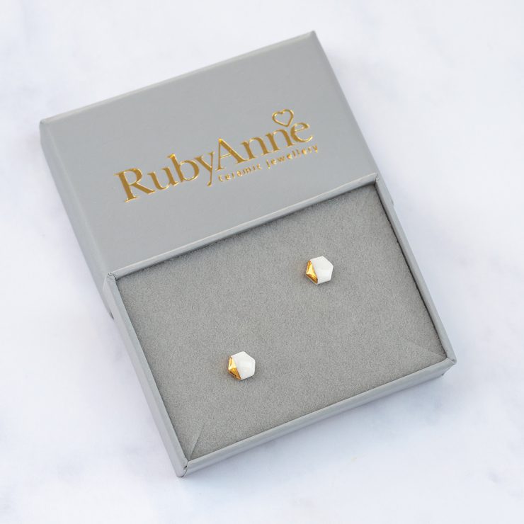 Hex Stud Earrings, Gold Dip, Select From Various Colours