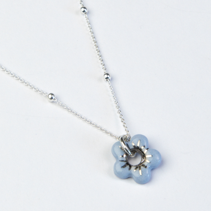 Pale Blue Fleur Necklace, Silver